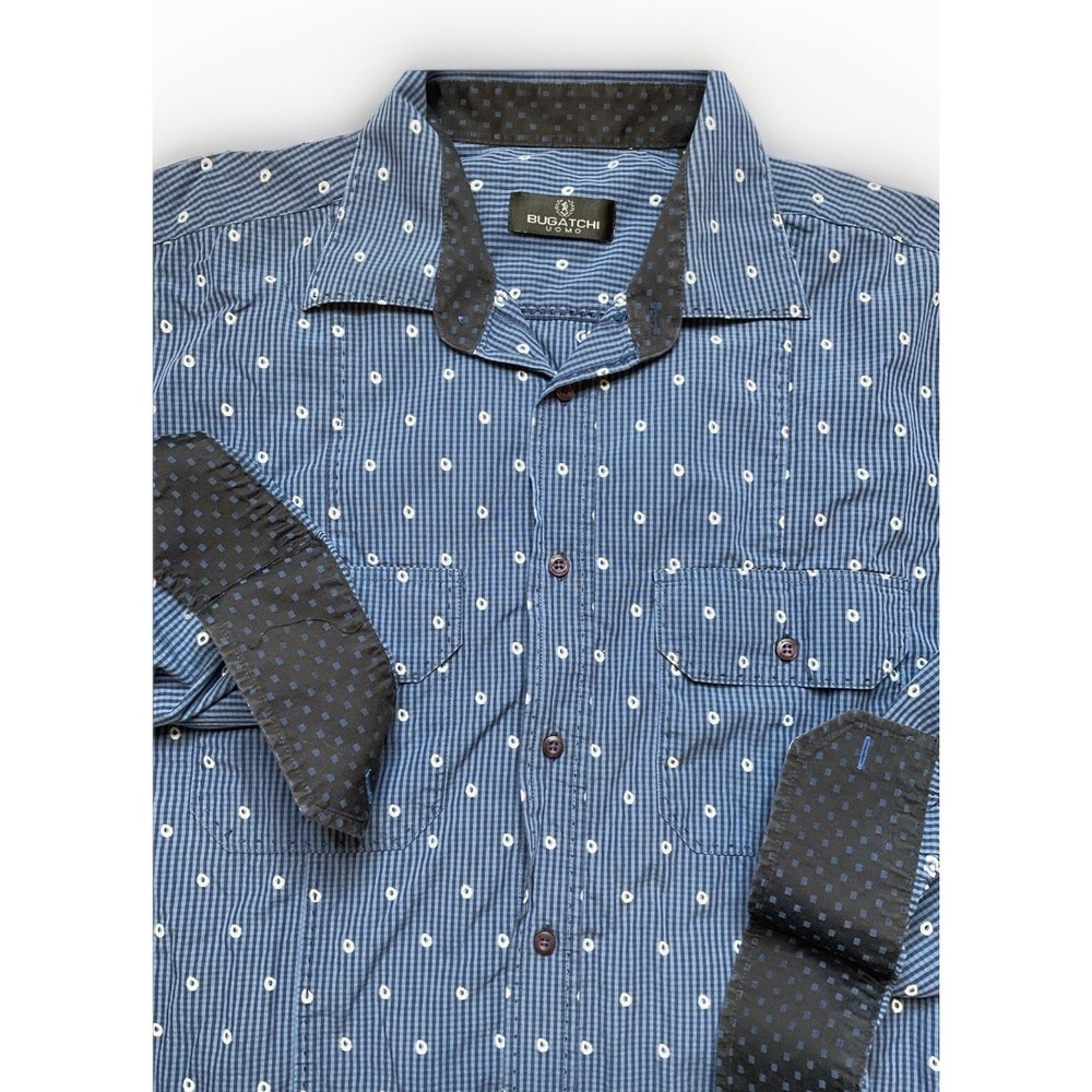 Bugatchi‎ Uomo Shirt Men's L Contrast Cuffs Plaid Embroidered Artsy Italian